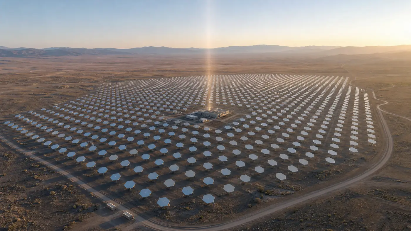Large hexagonal rectenna array receiving transmitted power across flat arid terrain