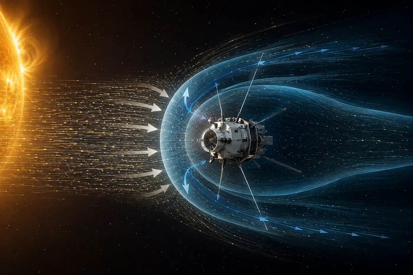 Solar wind ram pressure shown as dense plasma particles compressing a spacecraft magnetic field boundary and flowing around its sides into a downstream wake