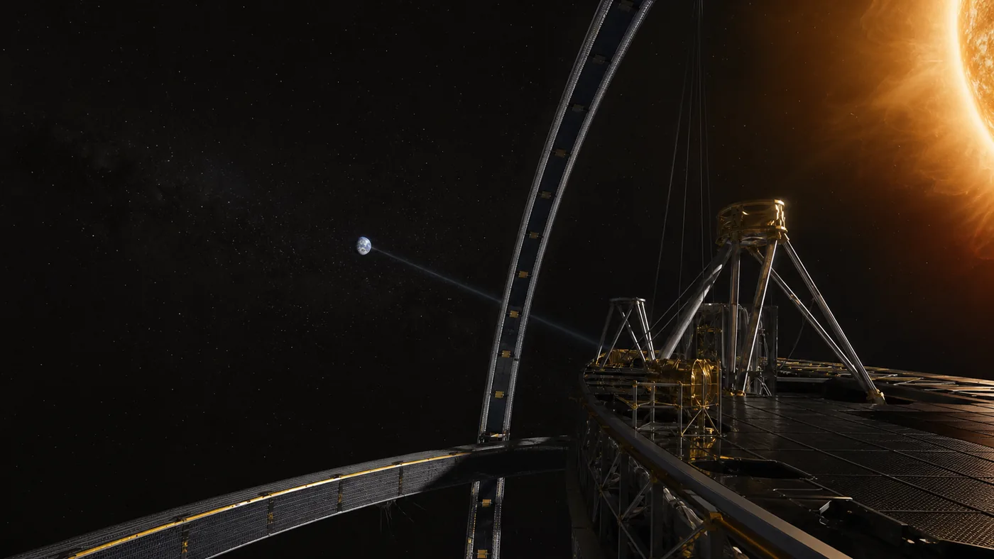 View from a Solar Wind Energy Satellite at L1 toward the distant blue Earth