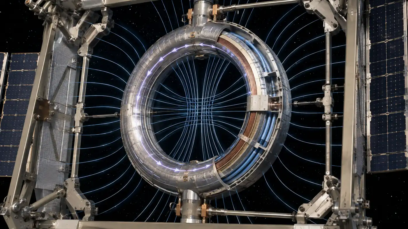 Superconducting loop in applied electromagnetism shown as a cryogenic circular coil with persistent current paths, magnetic field lines, cooling layers, and space-rated supports