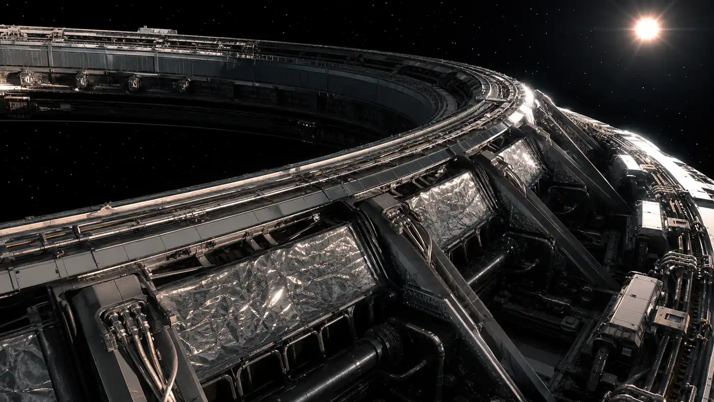 Close view of a superconducting ring space platform with structural ribs radiators and cryogenic service hardware